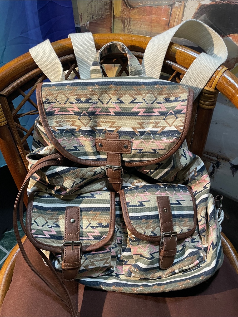 Steve Madden Multicolor Tribal Canvas Backpack with Brown Trim
